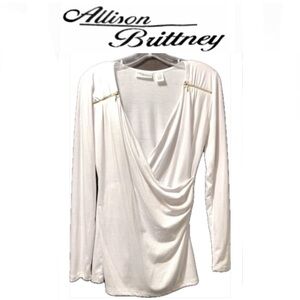 ALLISON BRITTNEY white tshirt roughed blouse zippers at shoulder size M ex cond